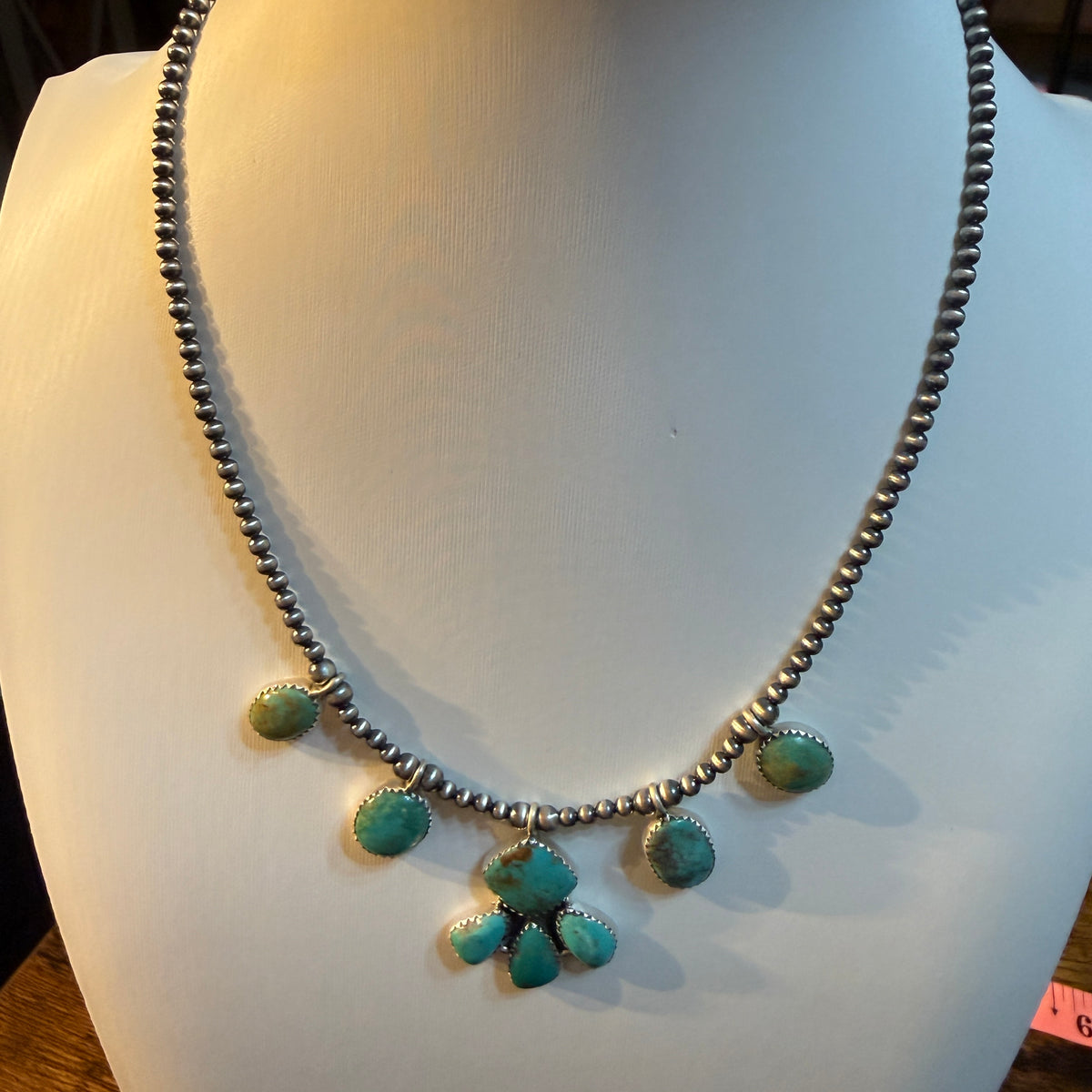 Hachita Turquoise Gemstone 3mm Desert Pearls Choker Necklace Sterling Silver Wild West Boho