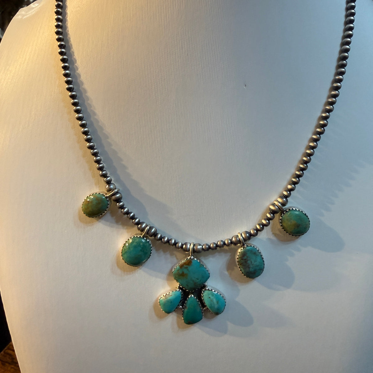 Hachita Turquoise Gemstone 3mm Desert Pearls Choker Necklace Sterling Silver Wild West Boho