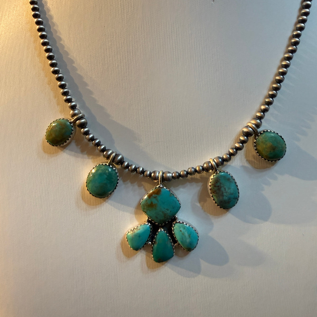 Hachita Turquoise Gemstone 3mm Desert Pearls Choker Necklace Sterling Silver Wild West Boho