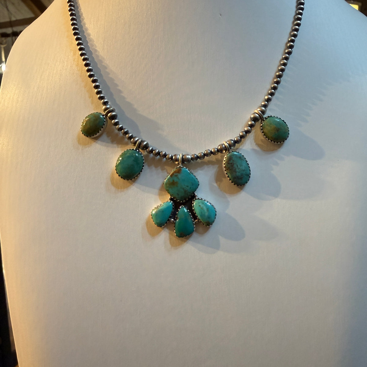Hachita Turquoise Gemstone 3mm Desert Pearls Choker Necklace Sterling Silver Wild West Boho