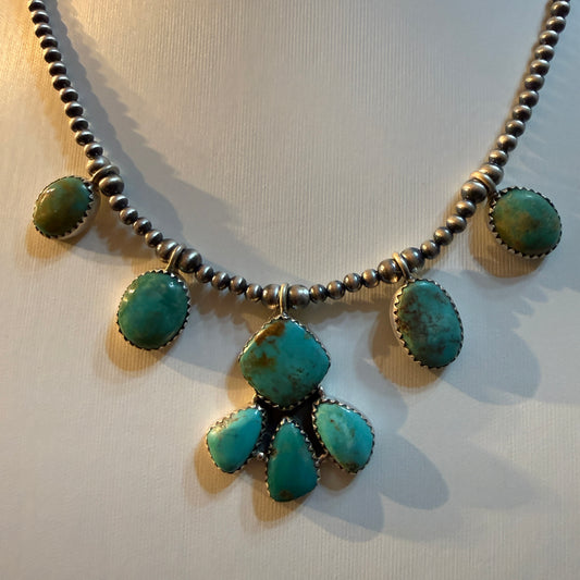 Hachita Turquoise Gemstone 3mm Desert Pearls Choker Necklace Sterling Silver Wild West Boho