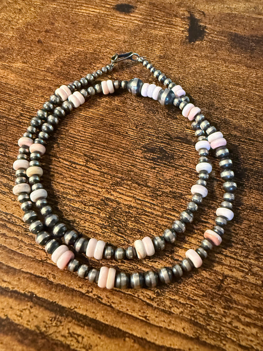 Sterling Silver 2mm-6mm Desert Pearl and Pink Conch Bead Necklace 18 Inch Wild West Boho