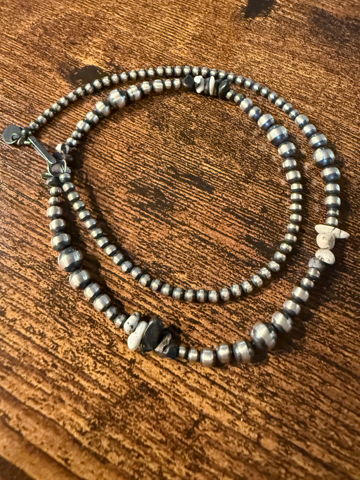 Sterling Silver 2-6mm Desert Pearl Black Onyx White Pearl Chips Necklace Wild West Boho