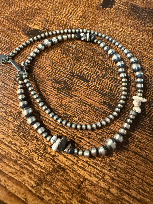 Sterling Silver 2-6mm Desert Pearl Black Onyx White Pearl Chips Necklace Wild West Boho