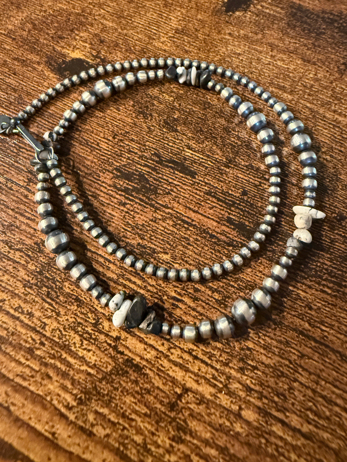 Sterling Silver 2-6mm Desert Pearl Black Onyx White Pearl Chips Necklace Wild West Boho