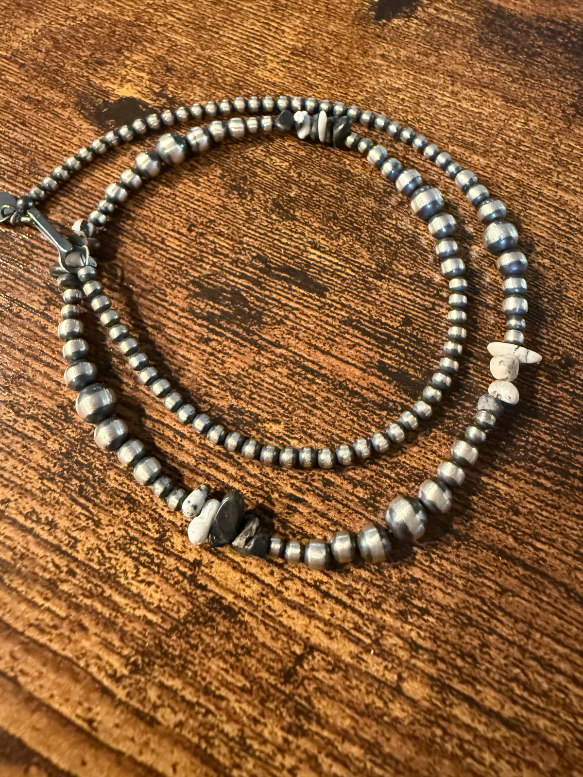 Sterling Silver 2-6mm Desert Pearl Black Onyx White Pearl Chips Necklace Wild West Boho