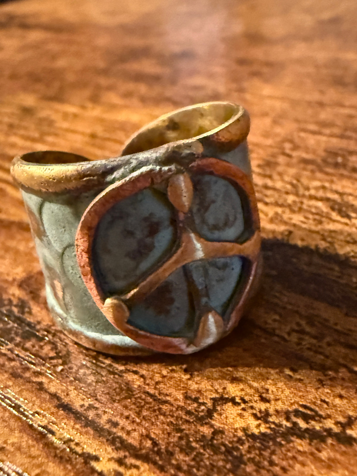 Handcrafted Peace Sign Adjustable Wide Band Ring in Patina Brass Western Elite Jewelry