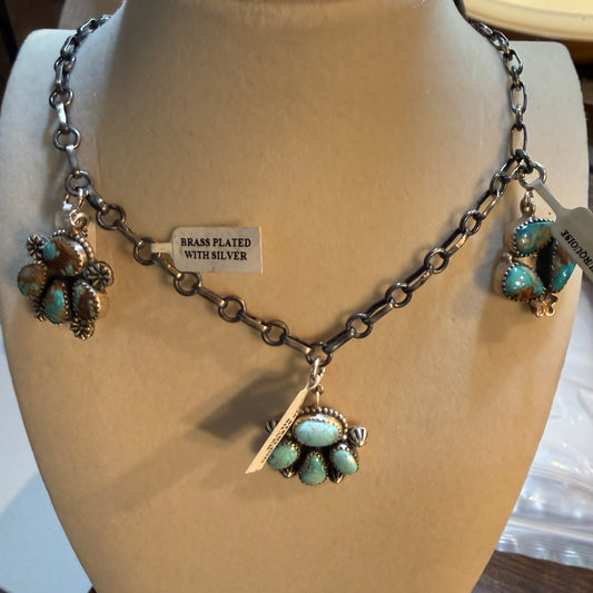 Turquoise 3 Charm Choker Oxidized Necklace in Sterling Silver 16 Inch Wild West Boho
