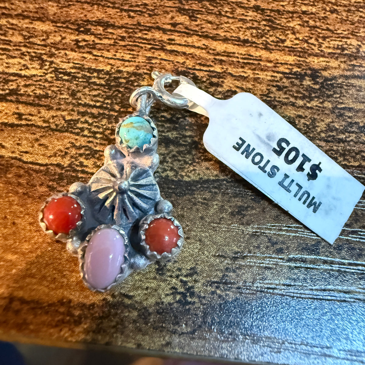 Coral and Pink Conch Turquoise Charm for Necklace or Bracelet in Sterling Silver Wild West Boho