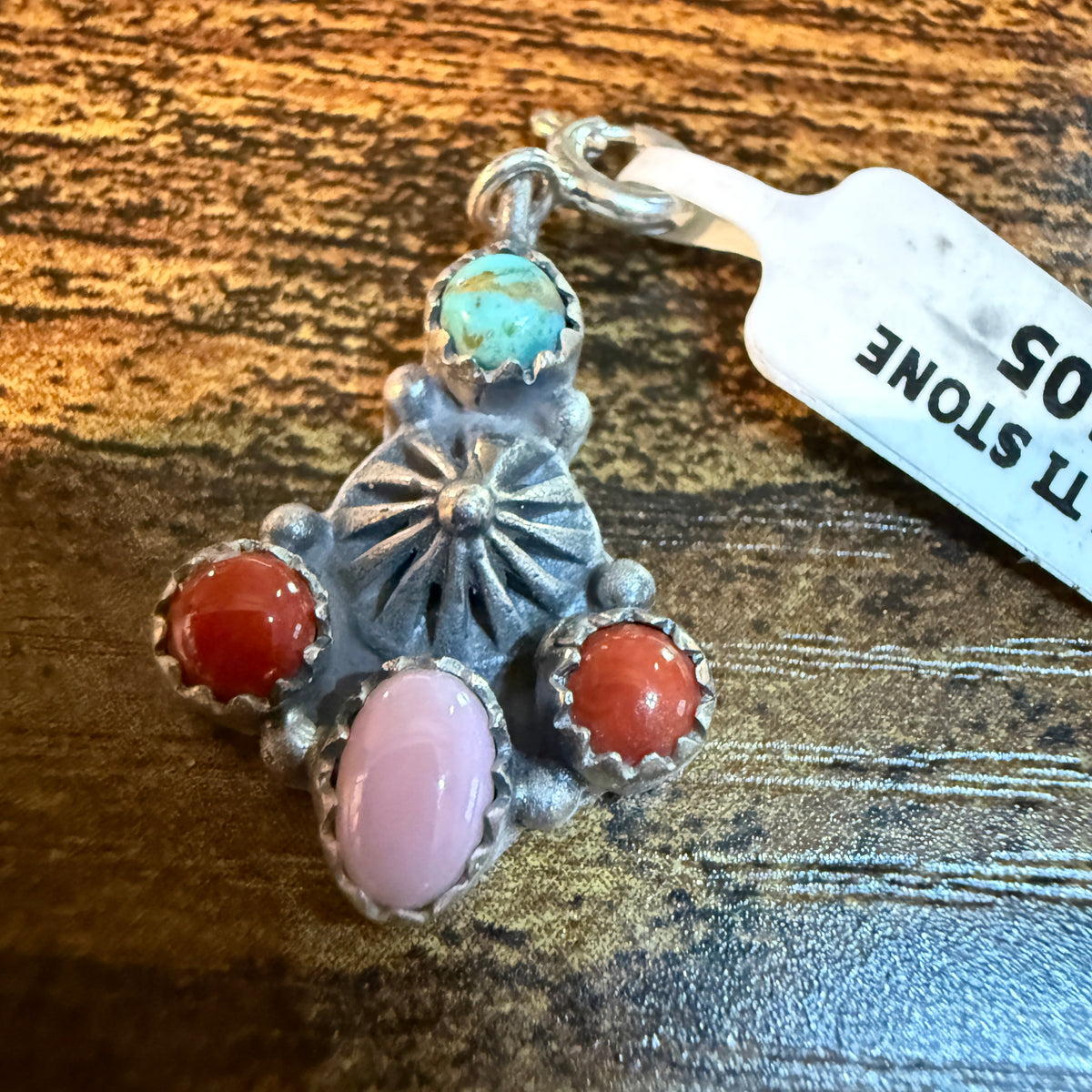 Coral and Pink Conch Turquoise Charm for Necklace or Bracelet in Sterling Silver Wild West Boho