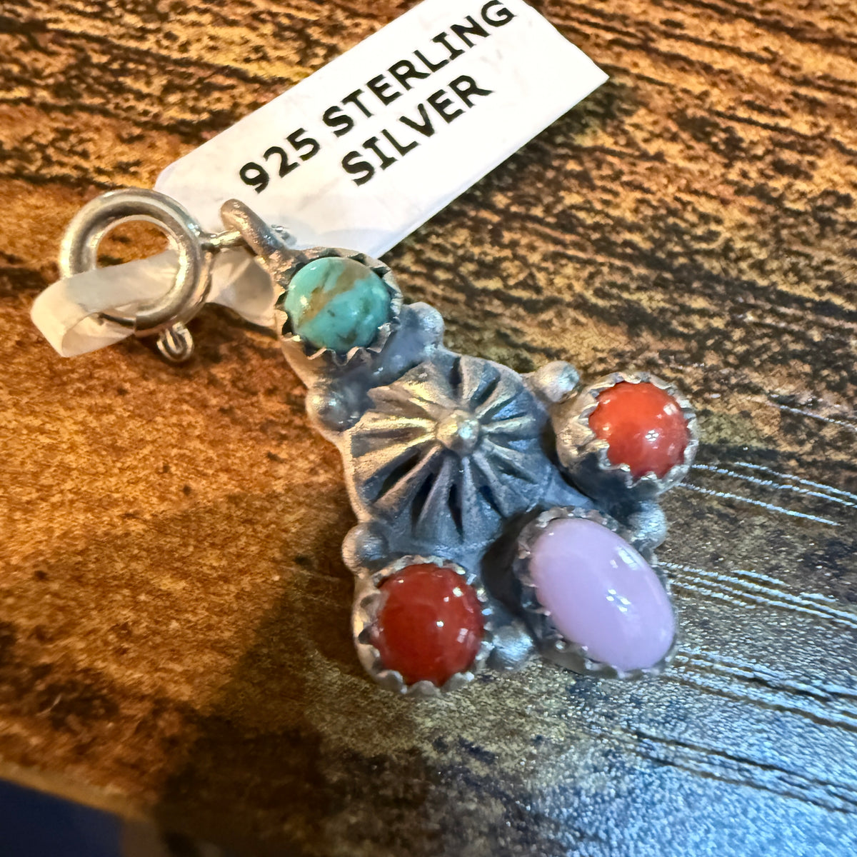 Coral and Pink Conch Turquoise Charm for Necklace or Bracelet in Sterling Silver Wild West Boho