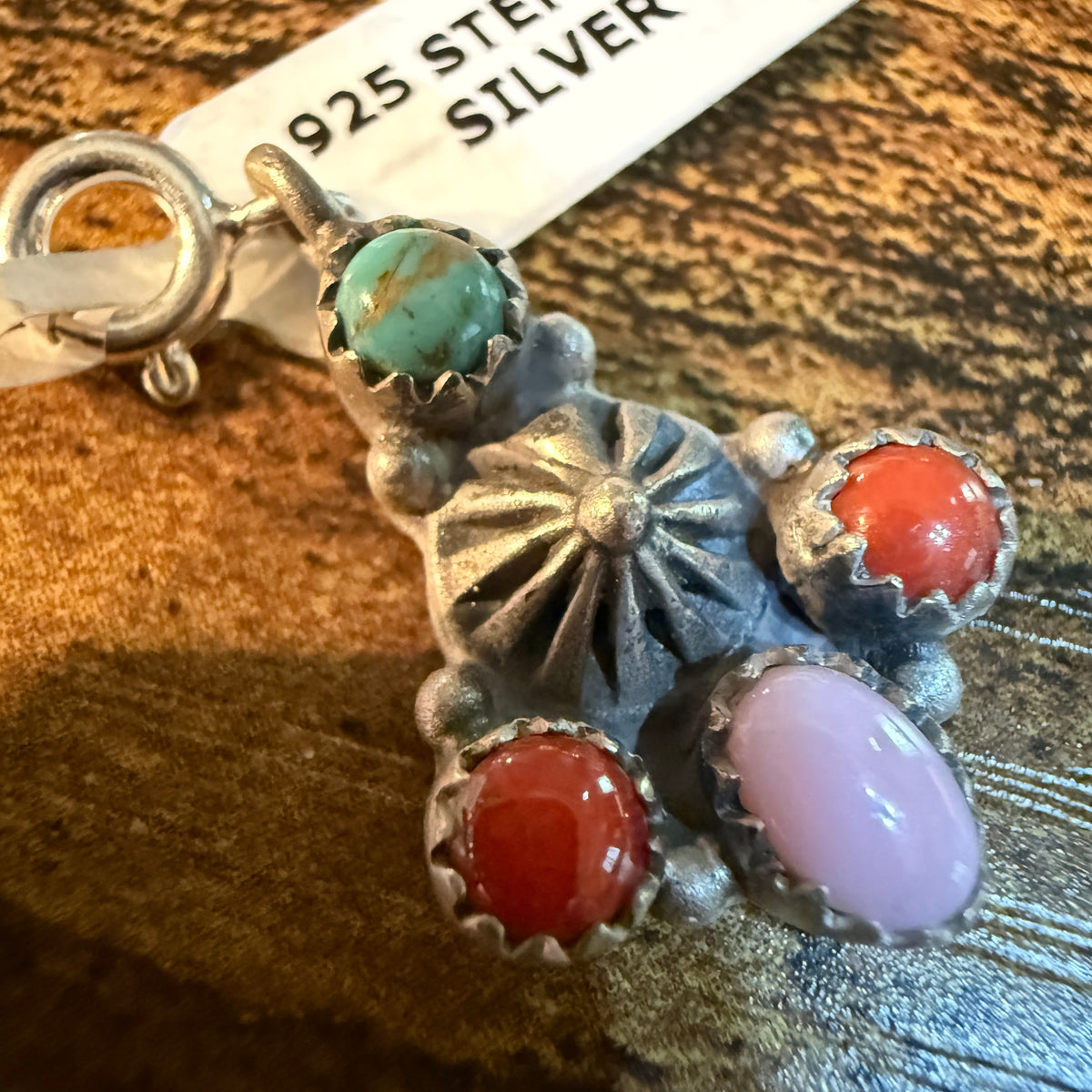 Coral and Pink Conch Turquoise Charm for Necklace or Bracelet in Sterling Silver Wild West Boho
