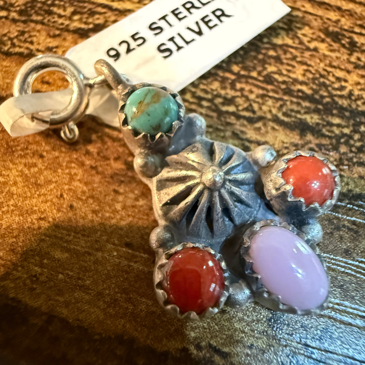 Coral and Pink Conch Turquoise Charm for Necklace or Bracelet in Sterling Silver Wild West Boho