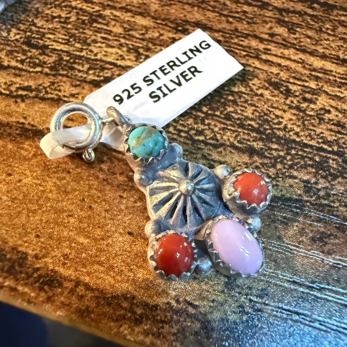 Coral and Pink Conch Turquoise Charm for Necklace or Bracelet in Sterling Silver Wild West Boho