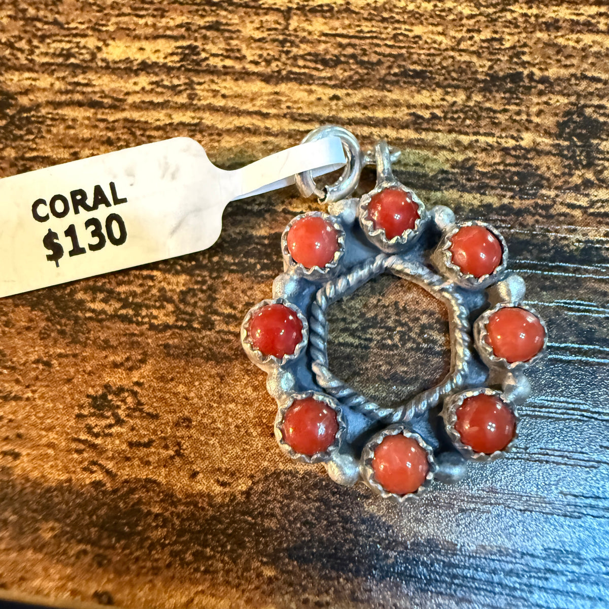 Coral Turquoise Necklace Charm in Sterling Silver 1 Inch Wild West Boho