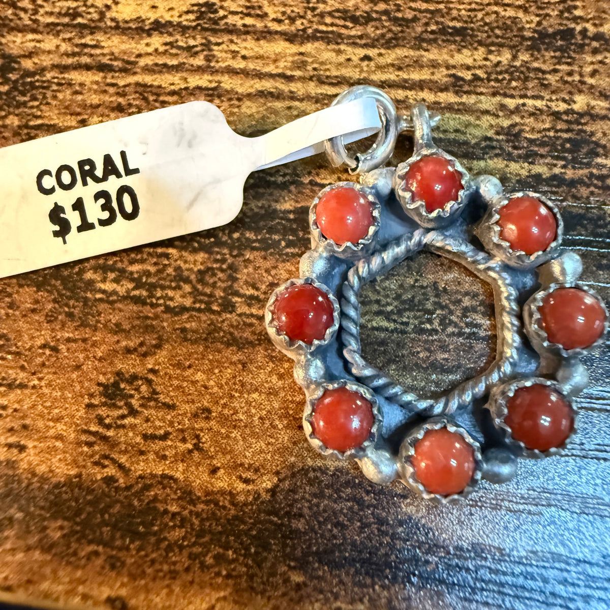 Coral Turquoise Necklace Charm in Sterling Silver 1 Inch Wild West Boho