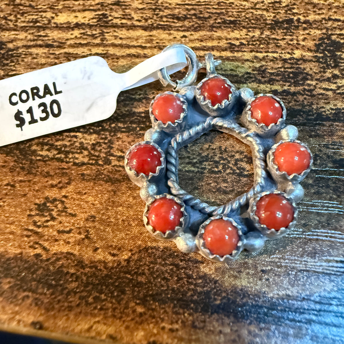 Coral Turquoise Necklace Charm in Sterling Silver 1 Inch Wild West Boho