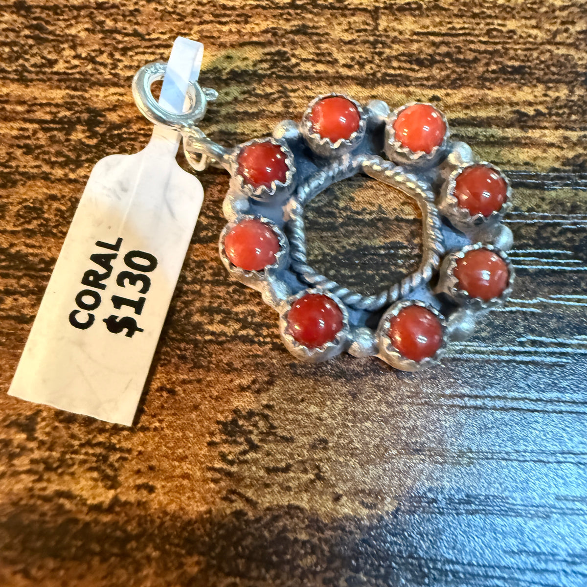 Coral Turquoise Necklace Charm in Sterling Silver 1 Inch Wild West Boho