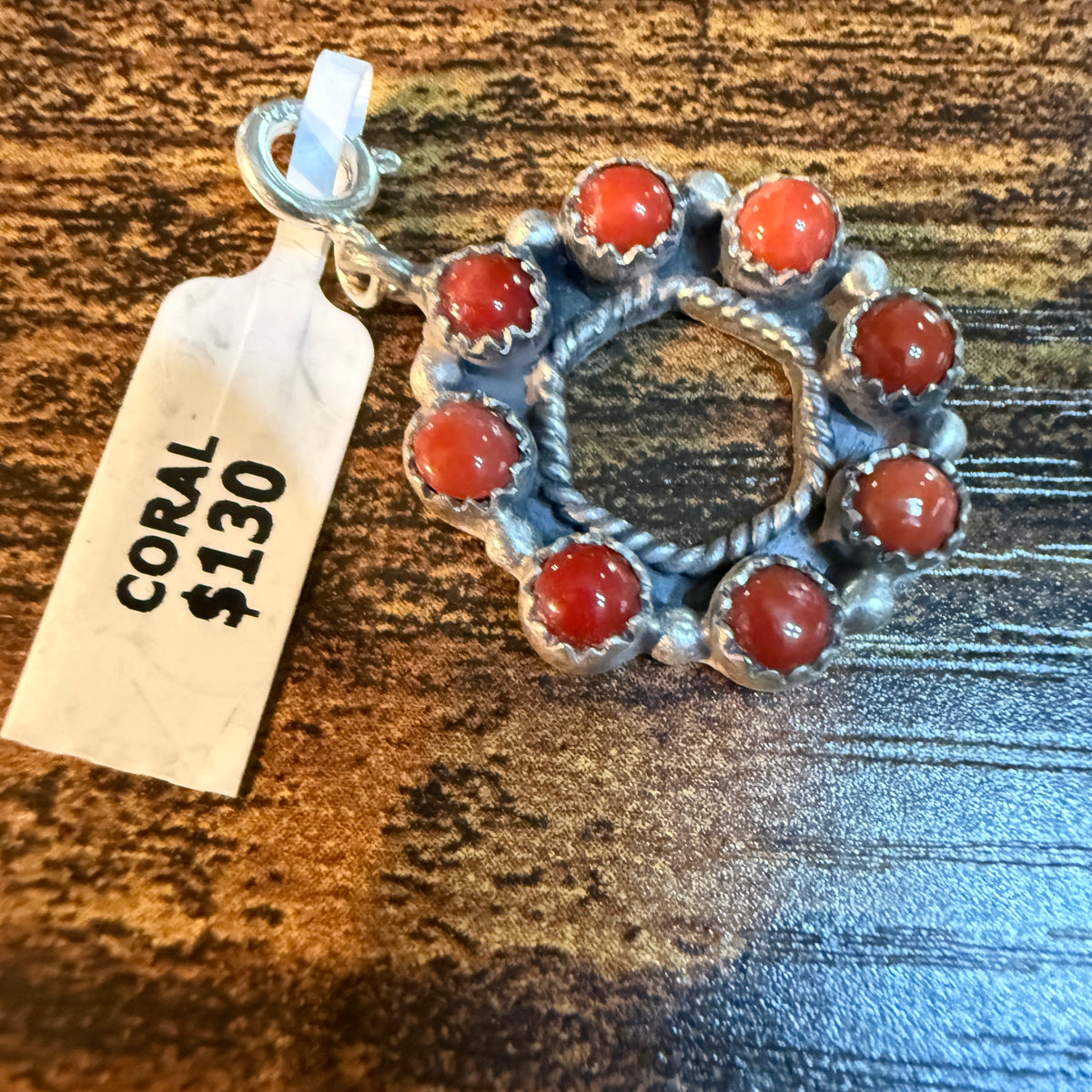 Coral Turquoise Necklace Charm in Sterling Silver 1 Inch Wild West Boho