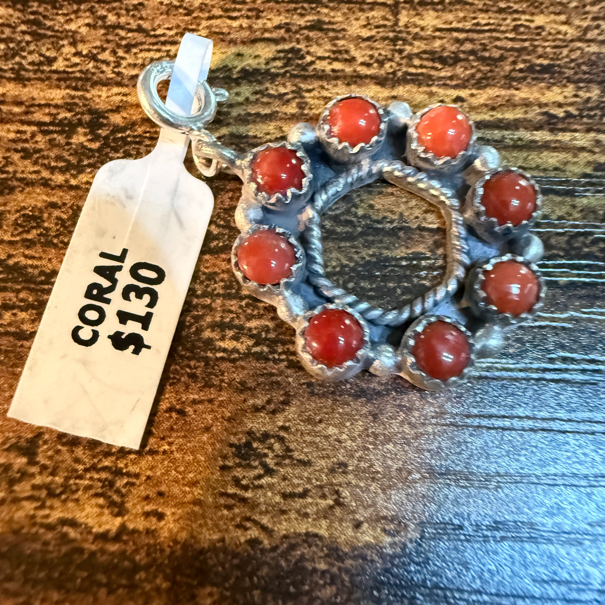 Coral Turquoise Necklace Charm in Sterling Silver 1 Inch Wild West Boho