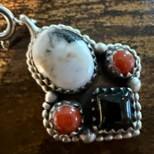 Black Onyx Coral and White Buffalo Necklace Charm in Sterling Silver Wild West Boho