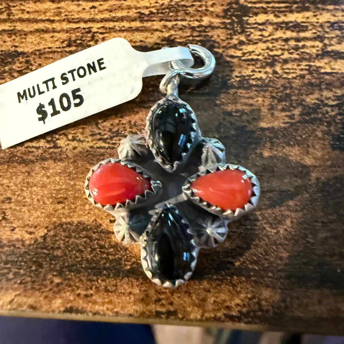 Black Onyx and Coral Gemstone Necklace Charm in Sterling Silver Wild West Boho