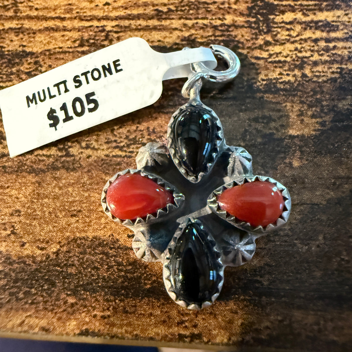 Black Onyx and Coral Gemstone Necklace Charm in Sterling Silver Wild West Boho