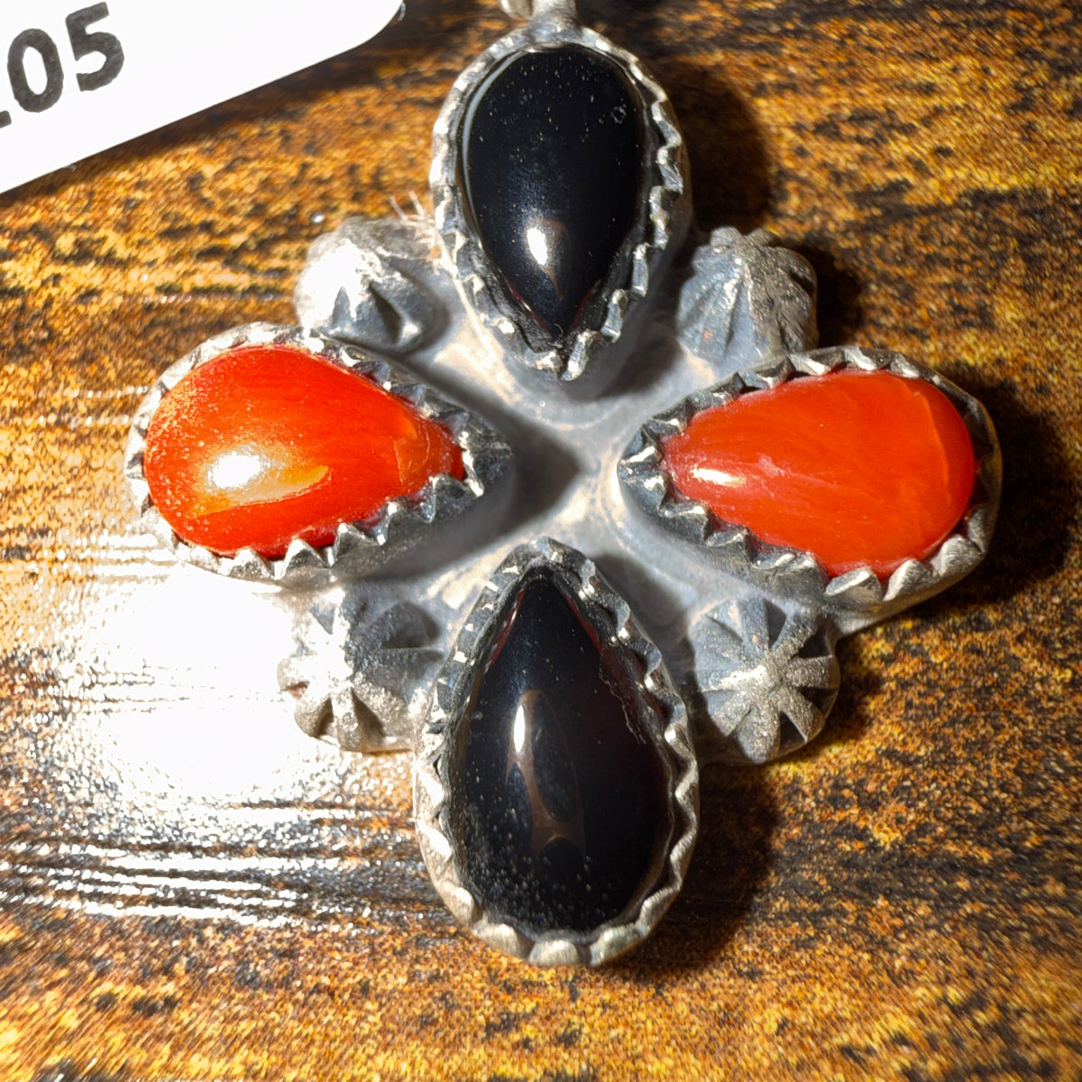 Black Onyx and Coral Gemstone Necklace Charm in Sterling Silver Wild West Boho
