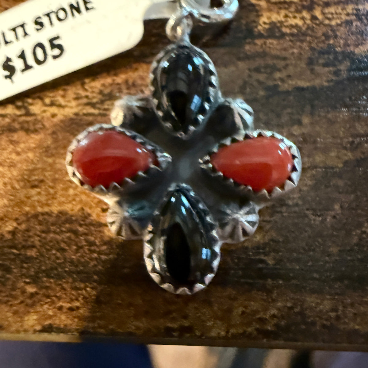 Black Onyx and Coral Gemstone Necklace Charm in Sterling Silver Wild West Boho