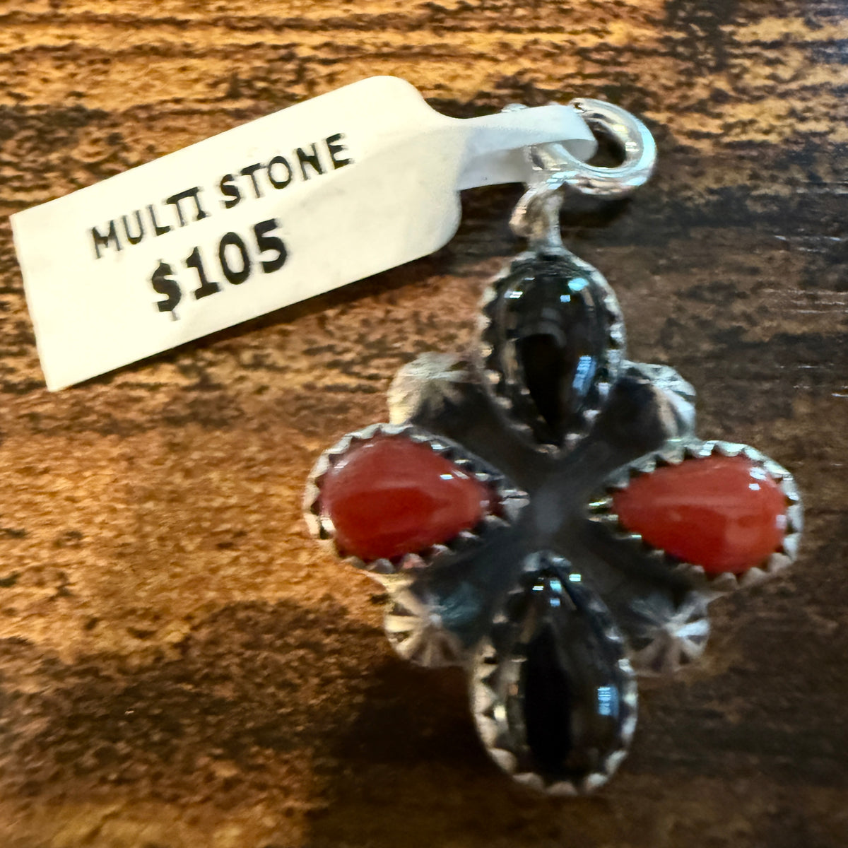 Black Onyx and Coral Gemstone Necklace Charm in Sterling Silver Wild West Boho