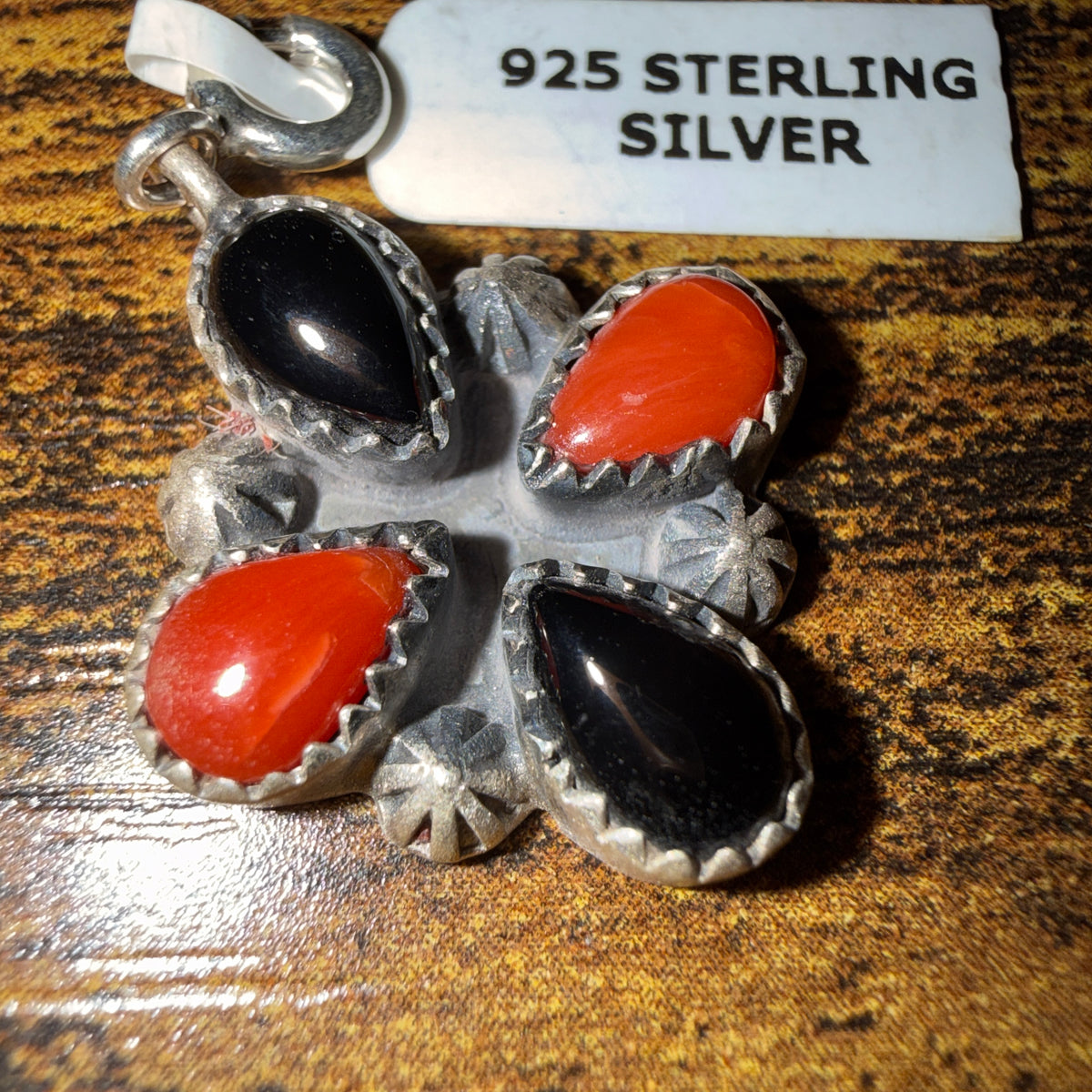Black Onyx and Coral Gemstone Necklace Charm in Sterling Silver Wild West Boho