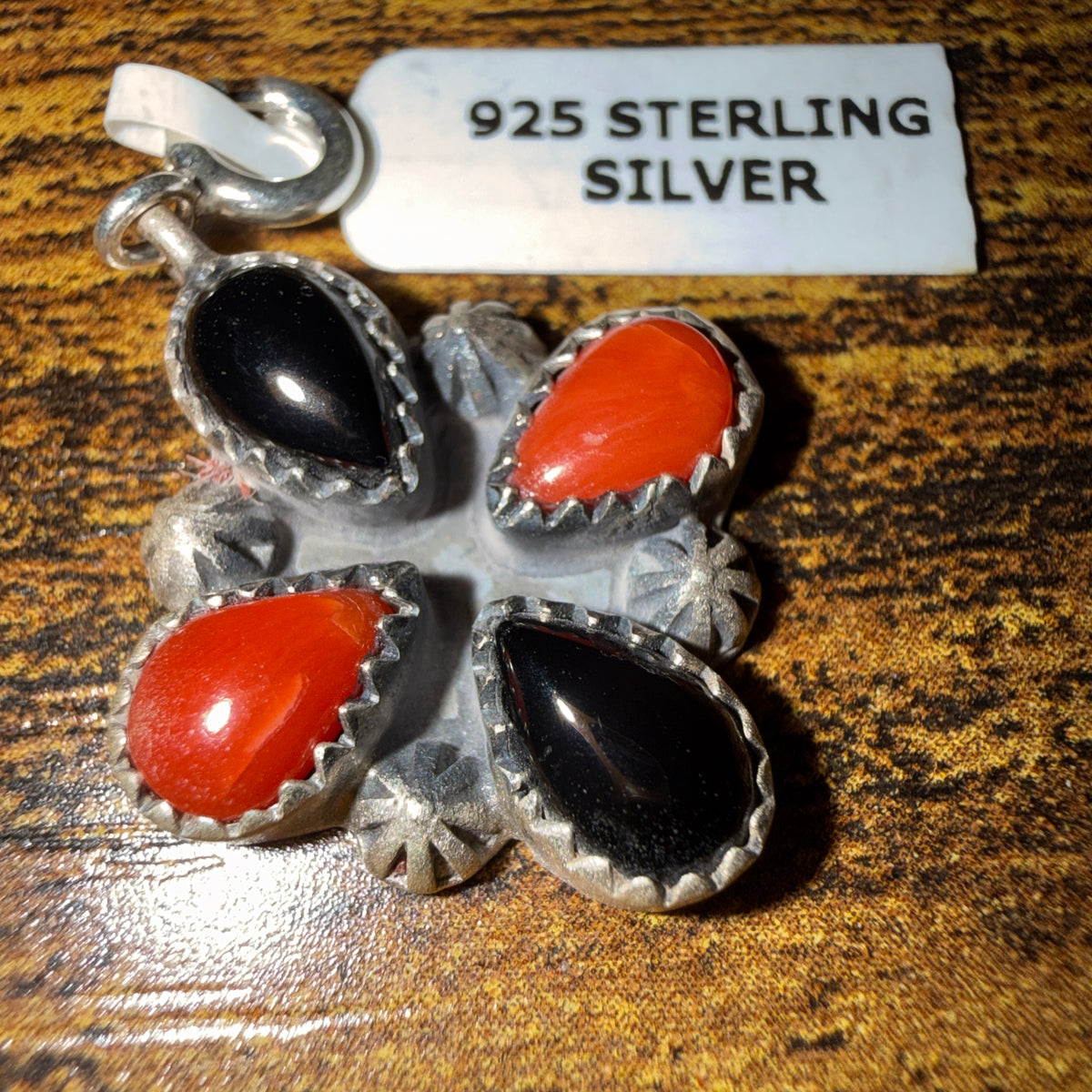 Black Onyx and Coral Gemstone Necklace Charm in Sterling Silver Wild West Boho