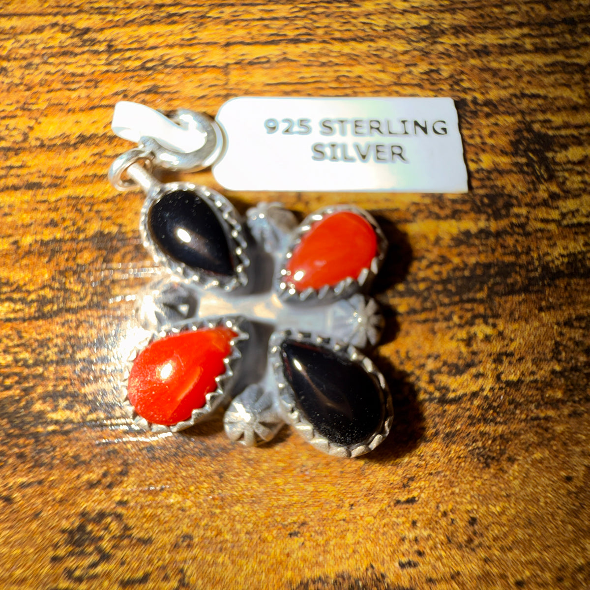 Black Onyx and Coral Gemstone Necklace Charm in Sterling Silver Wild West Boho