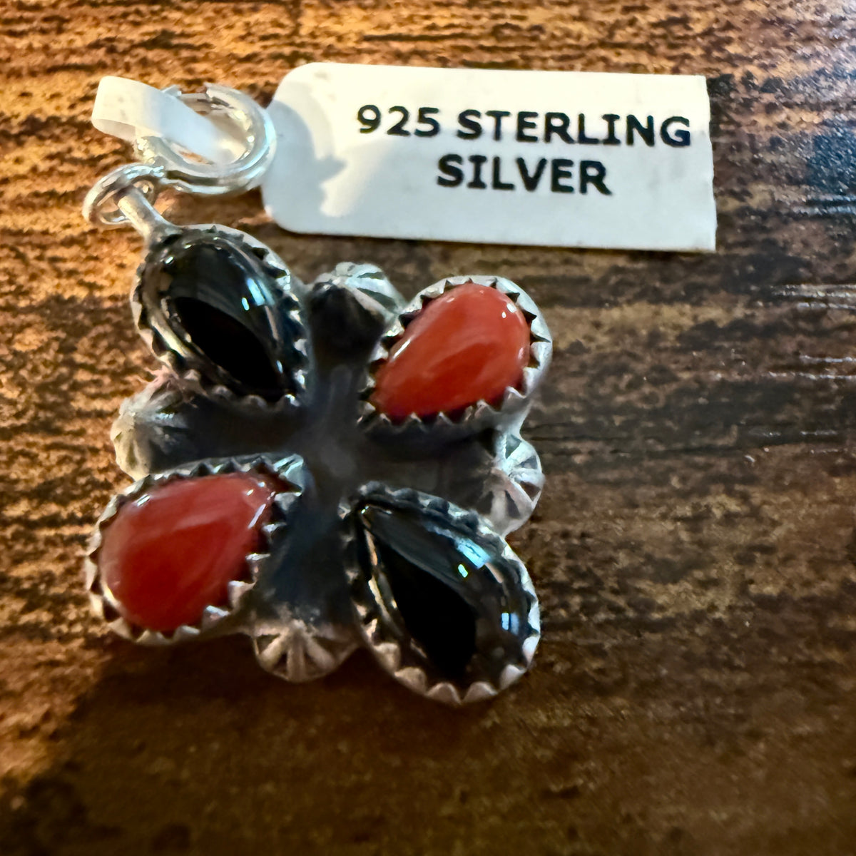 Black Onyx and Coral Gemstone Necklace Charm in Sterling Silver Wild West Boho