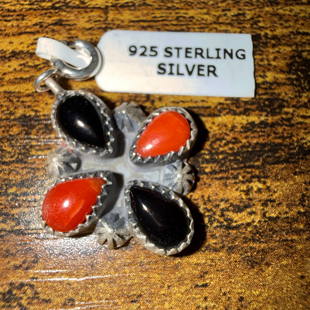 Black Onyx and Coral Gemstone Necklace Charm in Sterling Silver Wild West Boho