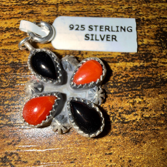 Black Onyx and Coral Gemstone Necklace Charm in Sterling Silver Wild West Boho