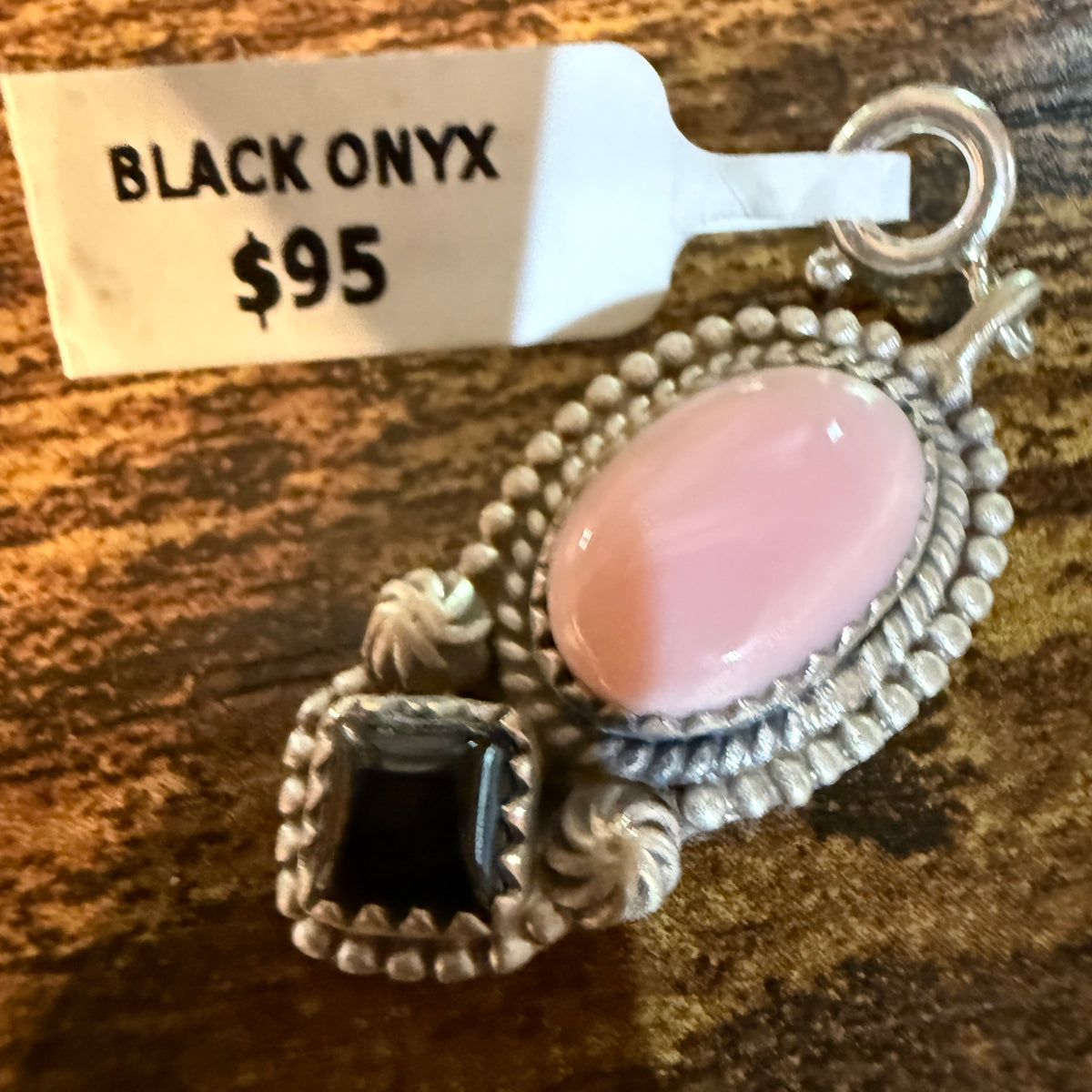 Black Onyx and Pink Conch Turquoise Bracelet Charm in Sterling Silver Wild West Boho