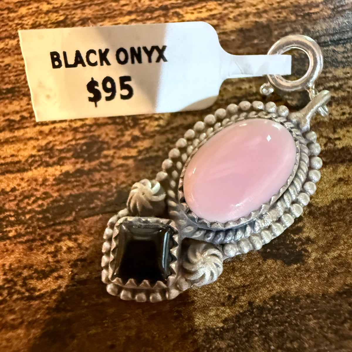 Black Onyx and Pink Conch Turquoise Bracelet Charm in Sterling Silver Wild West Boho