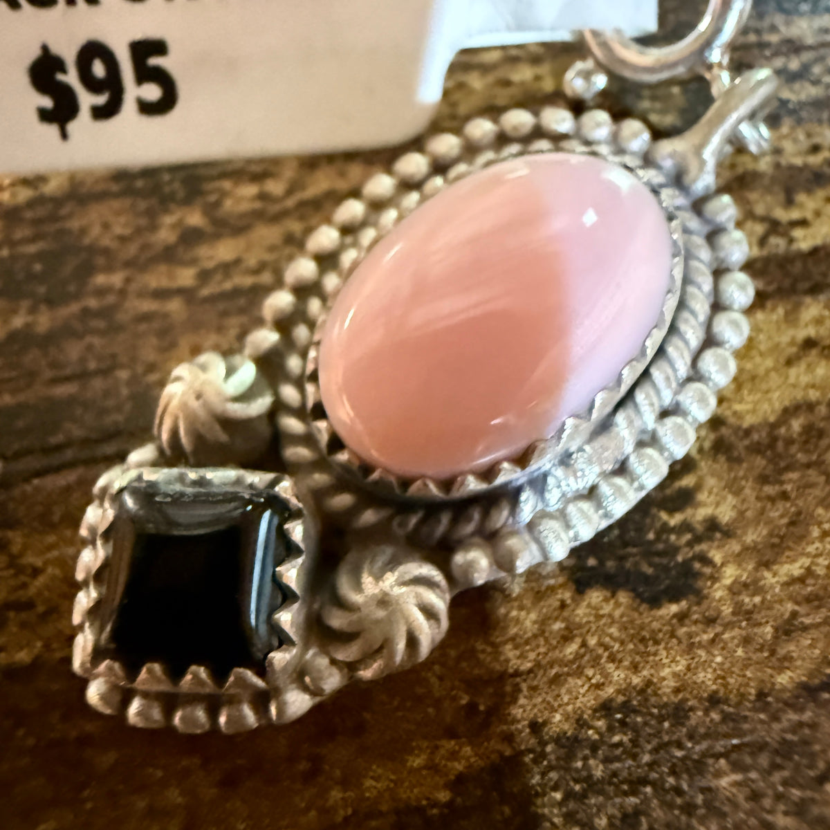 Black Onyx and Pink Conch Turquoise Bracelet Charm in Sterling Silver Wild West Boho