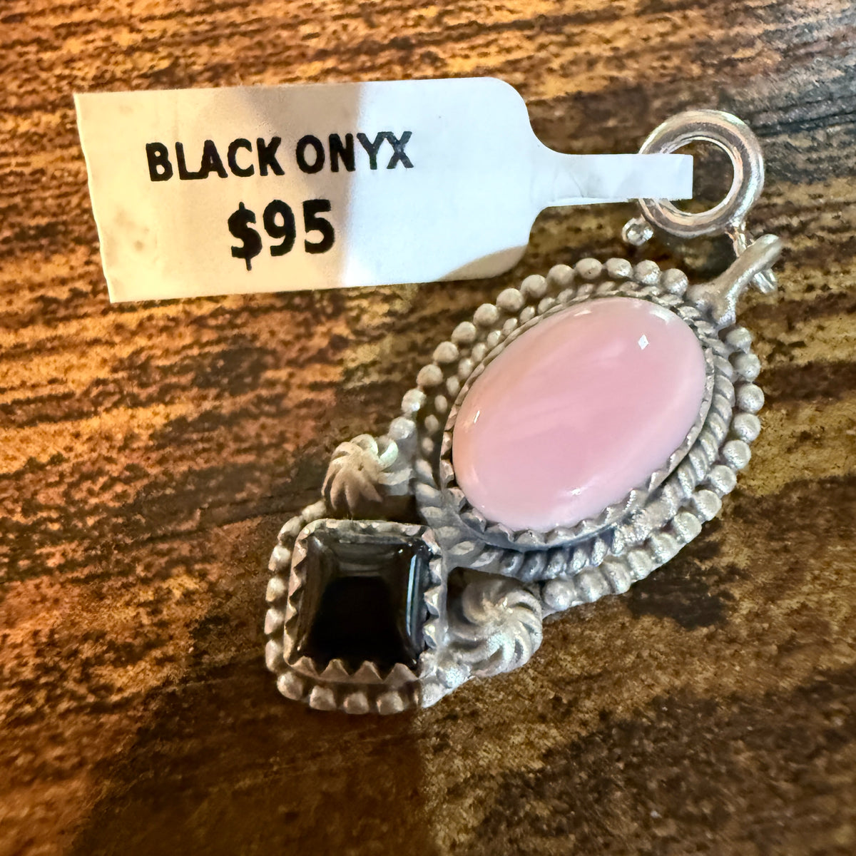 Black Onyx and Pink Conch Turquoise Bracelet Charm in Sterling Silver Wild West Boho