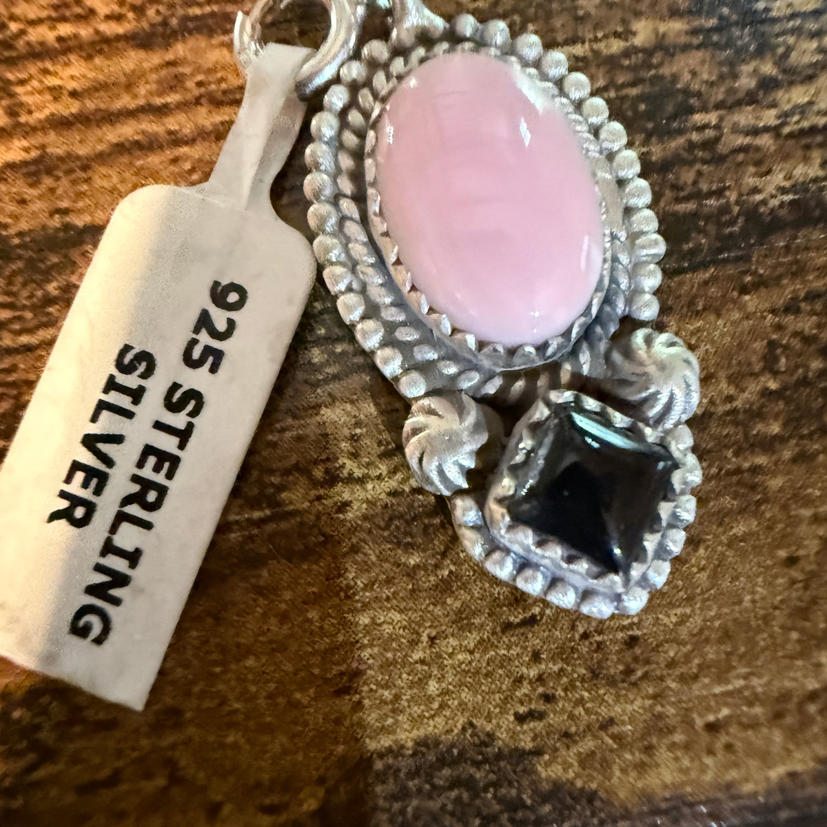 Black Onyx and Pink Conch Turquoise Bracelet Charm in Sterling Silver Wild West Boho