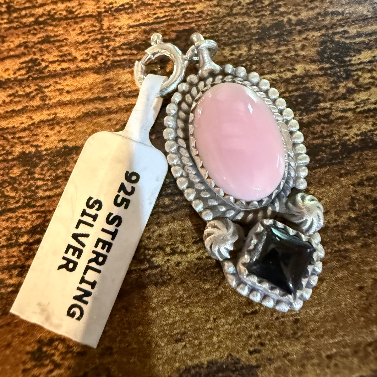 Black Onyx and Pink Conch Turquoise Bracelet Charm in Sterling Silver Wild West Boho