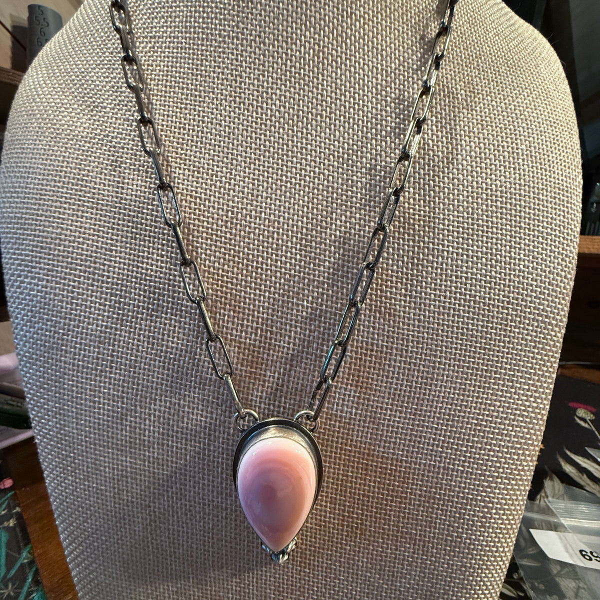 Native Signed Tony Yazzi Queen Pink Conch Heavy Paper Clip Chain Necklace Sterling Silver Wild West Boho