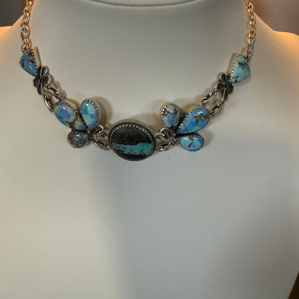 Blackjack and Golden Hills Turquoise Gemstone 16 Inch Choker Necklace in Sterling Silver Wild West Boho