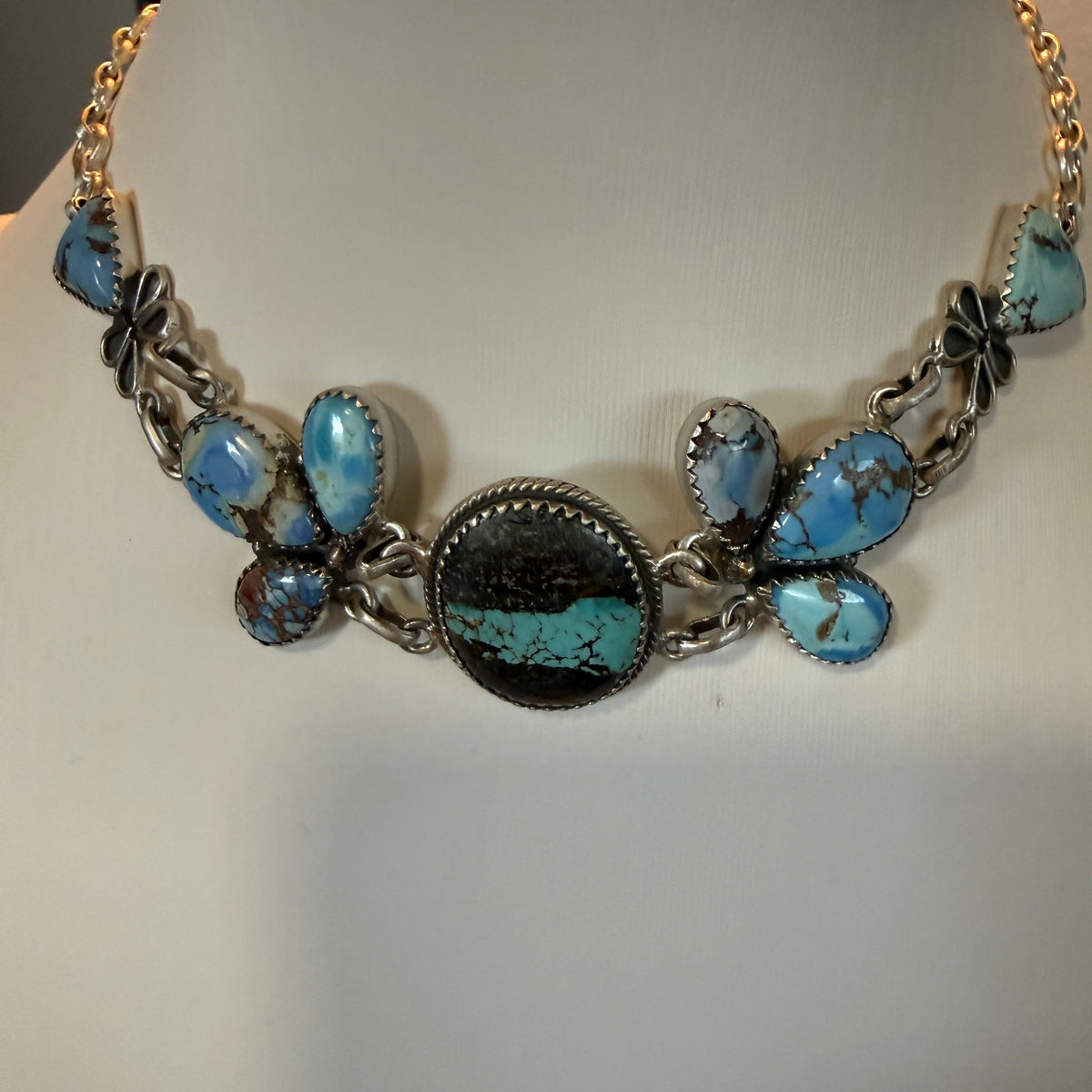 Blackjack and Golden Hills Turquoise Gemstone 16 Inch Choker Necklace in Sterling Silver Wild West Boho