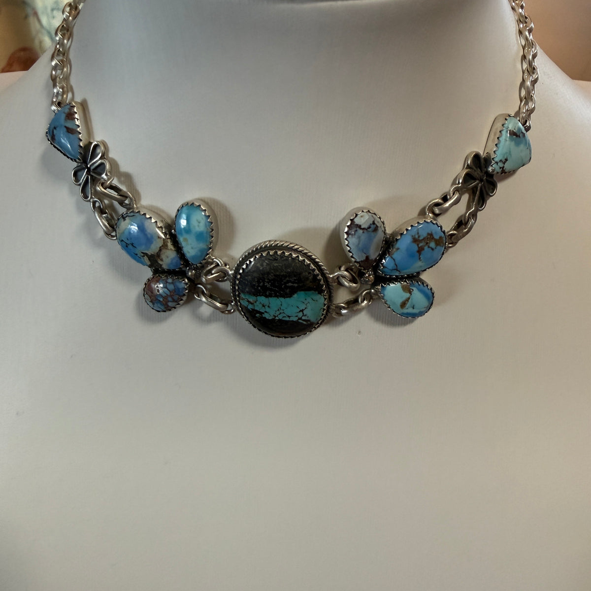 Blackjack and Golden Hills Turquoise Gemstone 16 Inch Choker Necklace in Sterling Silver Wild West Boho