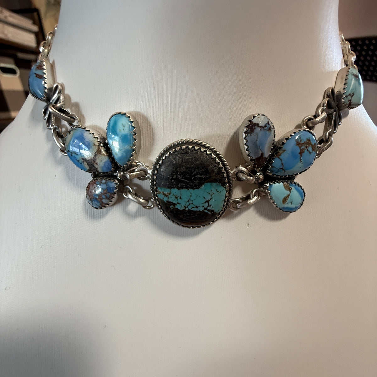 Blackjack and Golden Hills Turquoise Gemstone 16 Inch Choker Necklace in Sterling Silver Wild West Boho