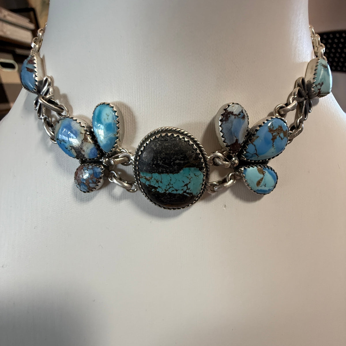 Blackjack and Golden Hills Turquoise Gemstone 16 Inch Choker Necklace in Sterling Silver Wild West Boho