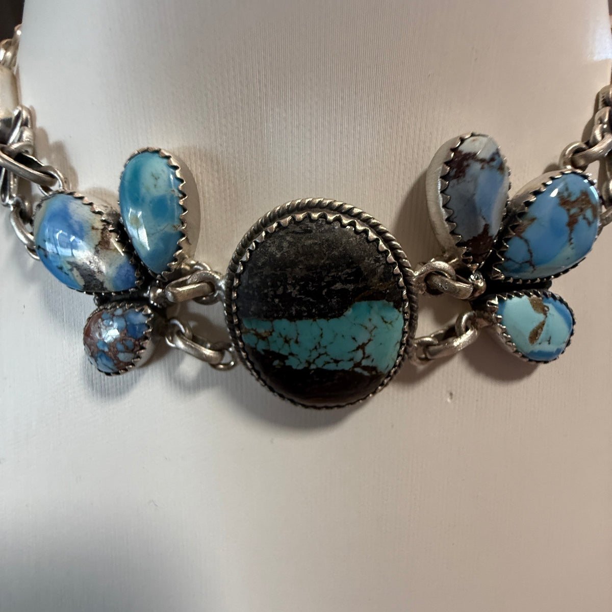 Blackjack and Golden Hills Turquoise Gemstone 16 Inch Choker Necklace in Sterling Silver Wild West Boho
