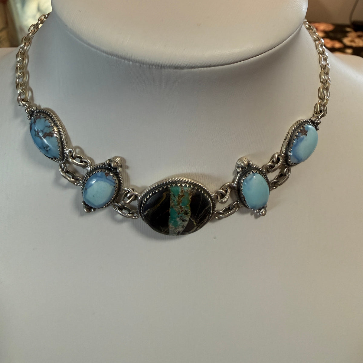 Blackjack and Golden Hills Turquoise Gemstone 16 Inch Choker Necklace Sterling Silver Wild West Boho